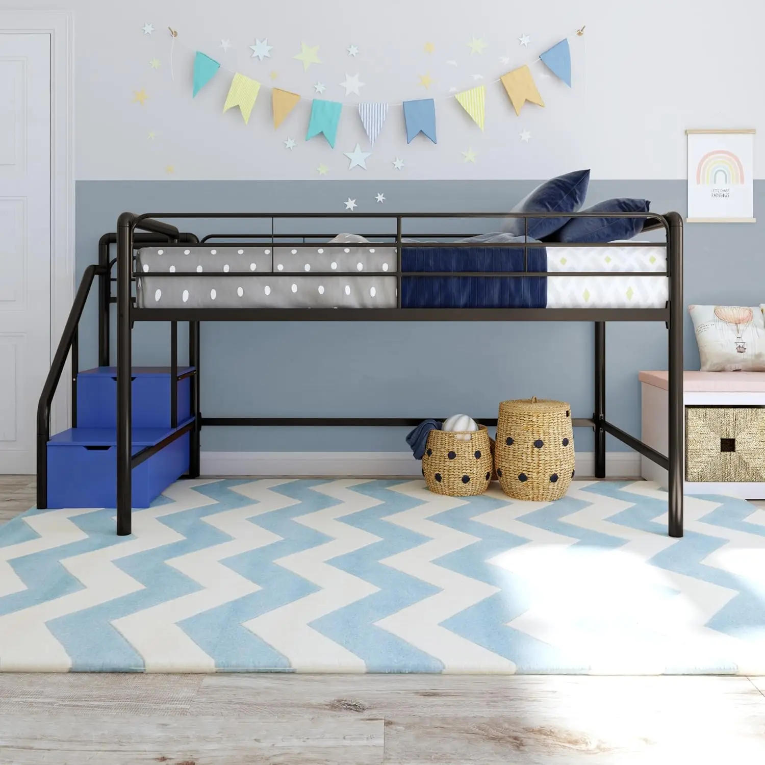 Junior Twin Metal Loft Bed With Storage Steps, Multifunctional Space-Saving Solution - Black With Blue Steps