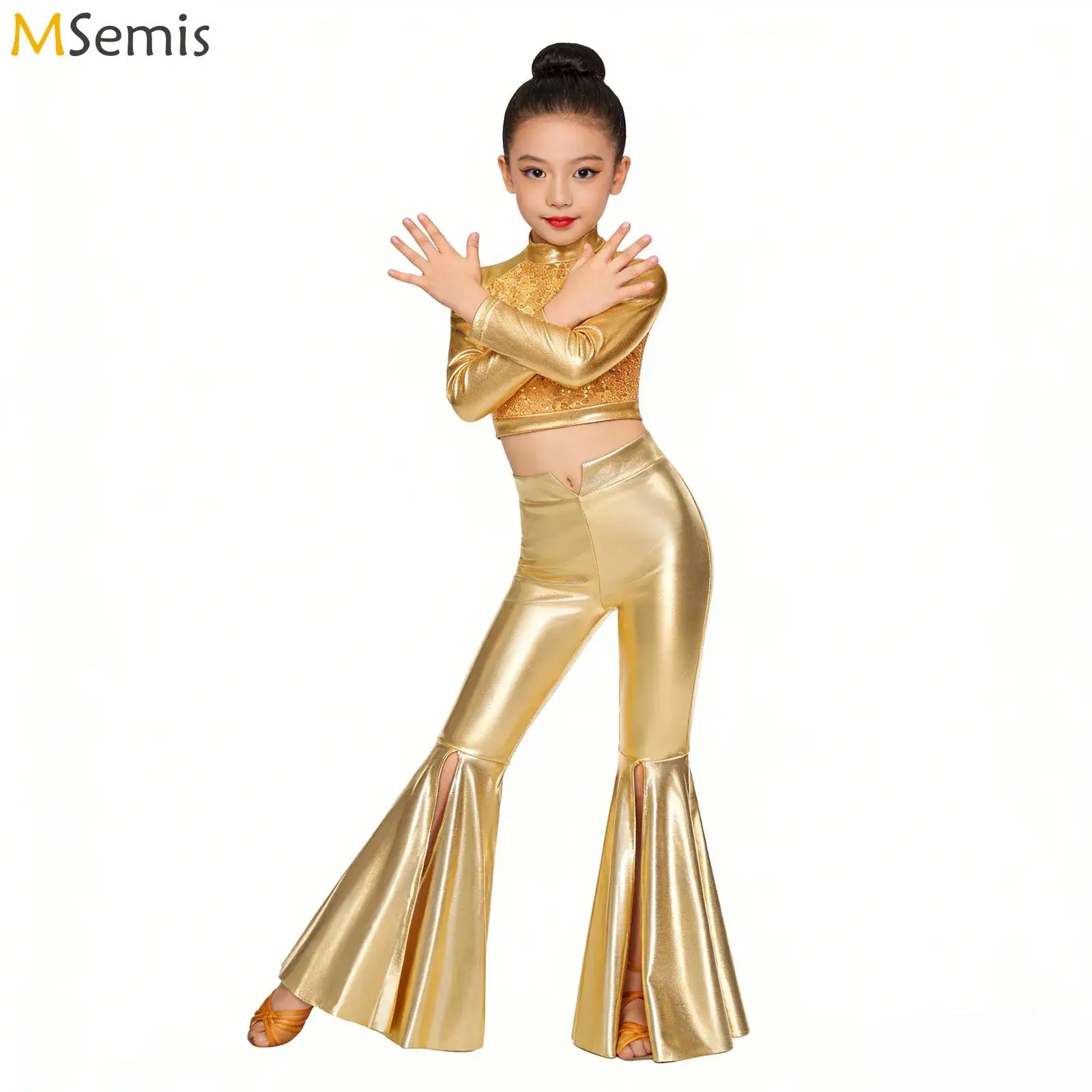 

Kids Girls Glittery Disco Jazz Dance Performance Costume Sequin Metallic Crop Top with Split Bell-Bottom Shiny Flared Pants
