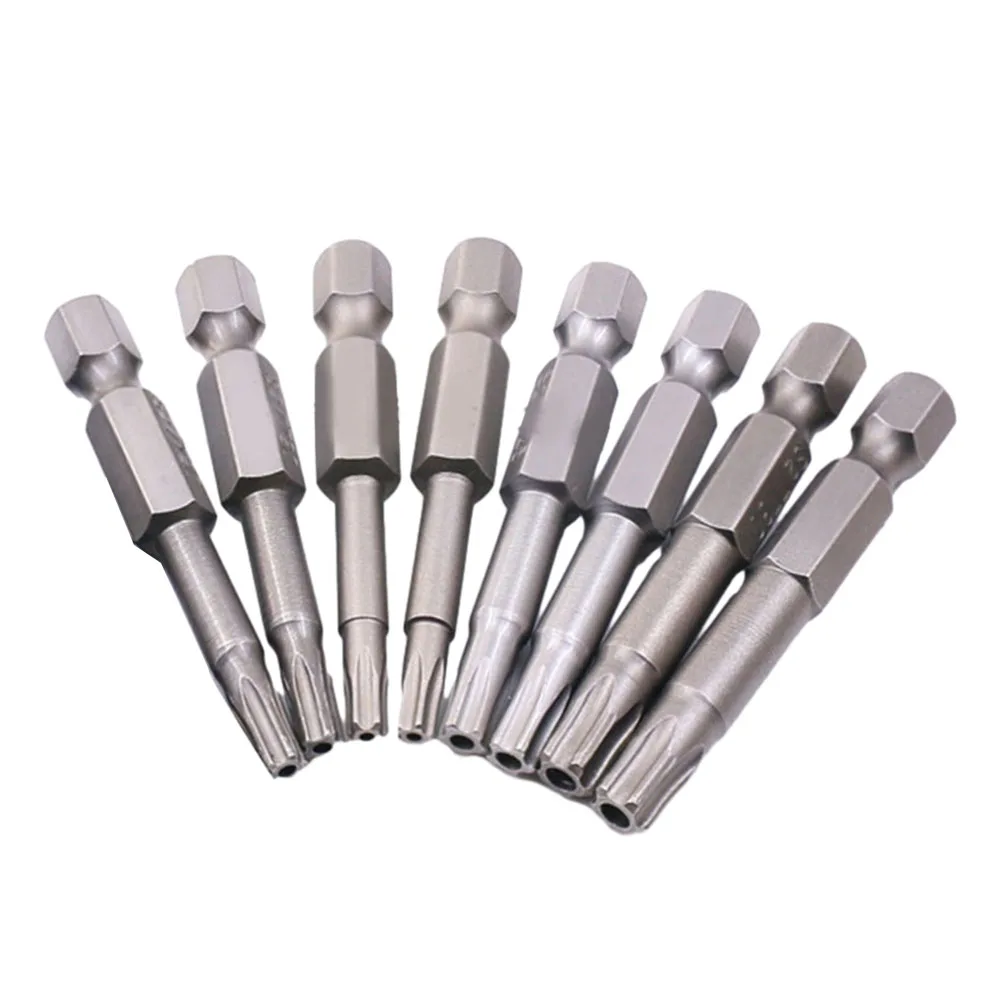 8Pcs 50mm Torx Screwdriver Bits Set 1/4'' Hex Shank Magnetic Five-Point Star With Hole Screw Driver Bits T8-T40 Power Tool Parts