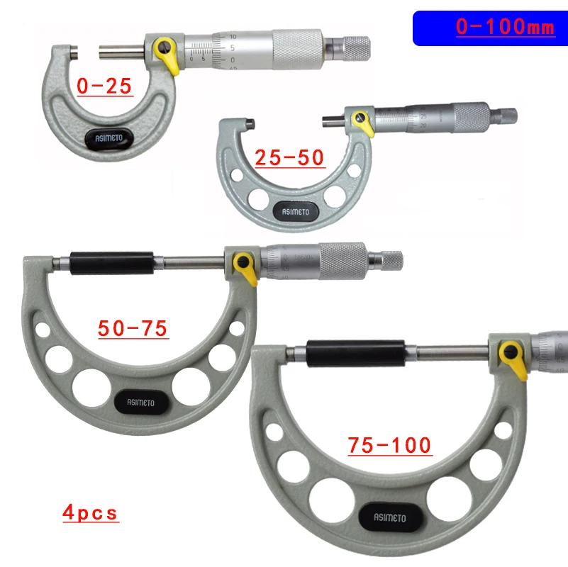 Germany ASIMETO Outside Micrometer Set 0-25mm 25-50mm 50-75mm 75-100mm 0.01mm Micrometer Gauge Meter Micrometer Measuring Tools