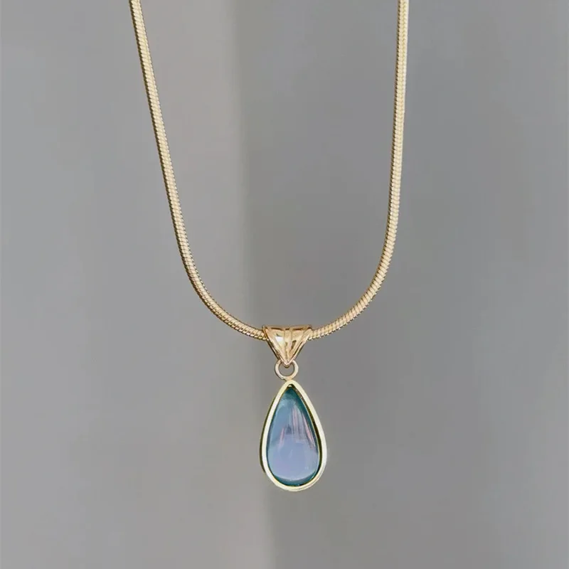 Fashion Classic Tears of the Blue Ocean Pendant Necklace Women's Choker Fashion Titanium Steel Gold-plated Snake Bone Necklace image 2