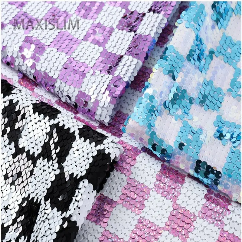 New 5MM Filp Satin Sequin Fabrics Two Colors Of Sequin Square Arrangement Embroidery Fabric For Dress Bag Skirt Suit Wide:125 CM