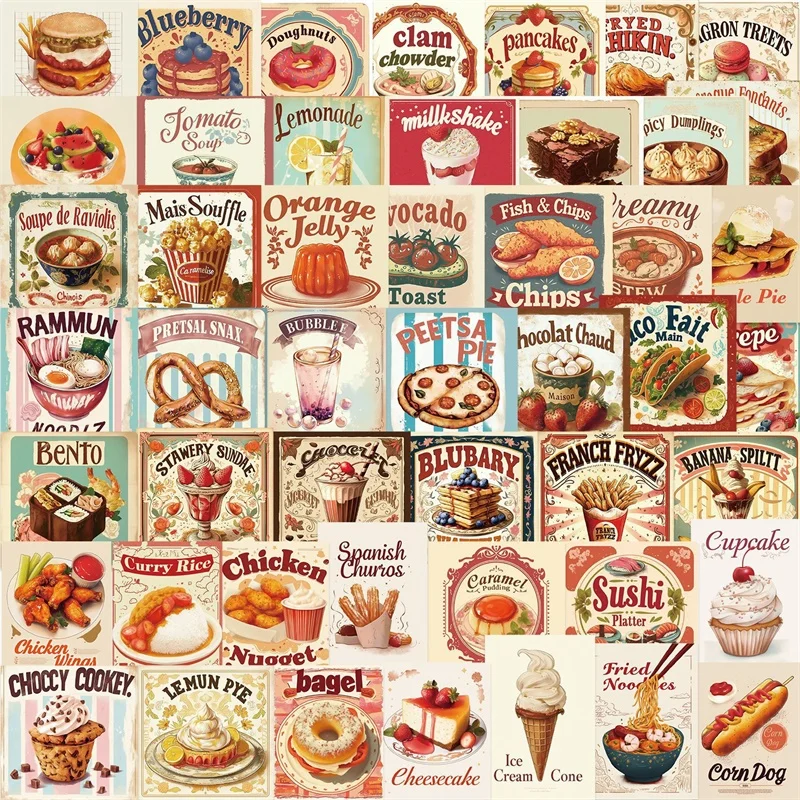 

10/30/50PCS Vintage Food Poster PVC Sticker Aesthetic Decoration Scrapbooking Supplies DIY Hand Accounting for Kids