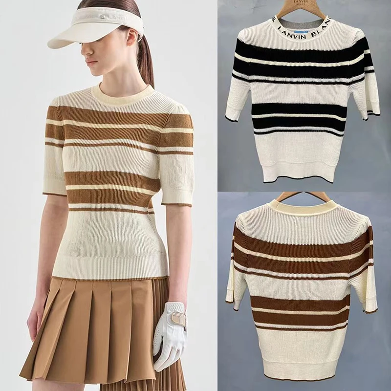 

Summer Fashion Women Lapel Striped versatile sports knitted Shirt top tennis golf Sports Short Sleeve T-Shirt