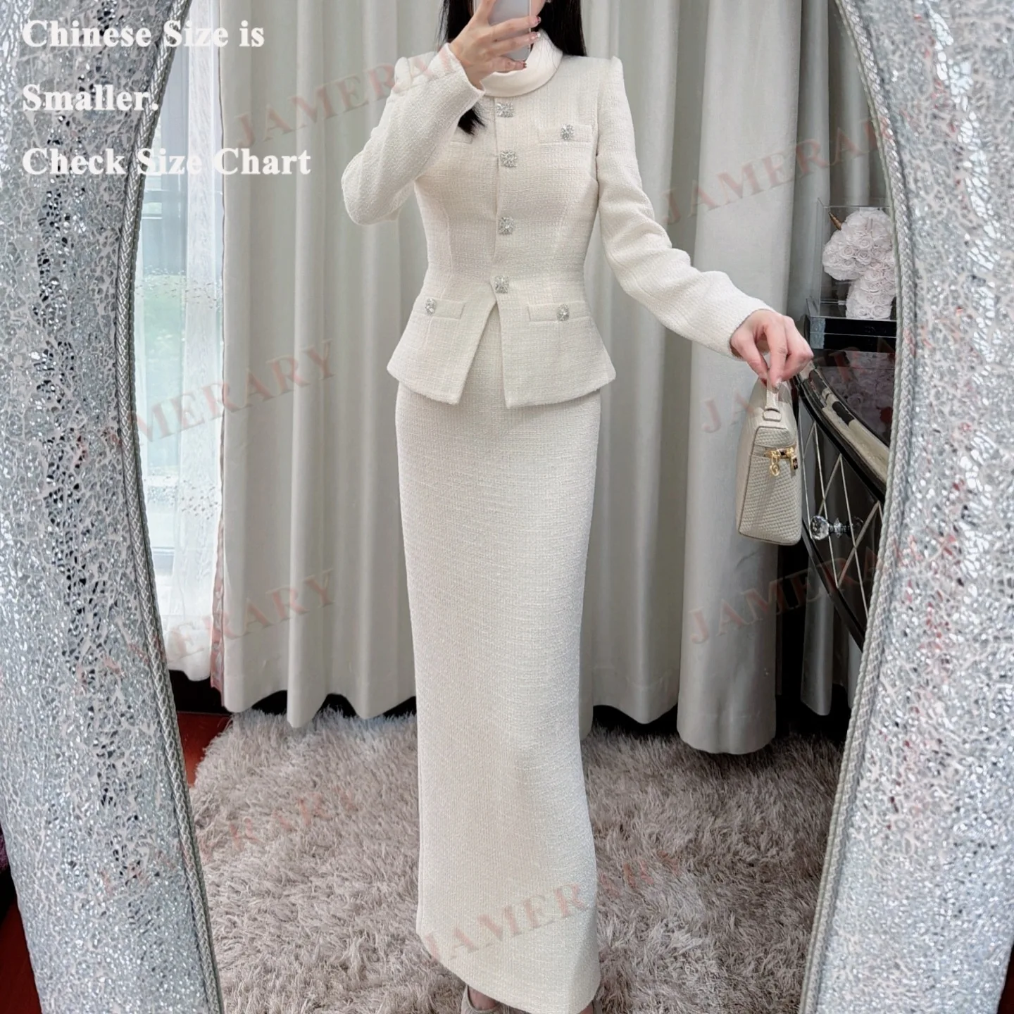 Marca de qualidade outono inverno branco manga longa tweed conjunto de duas peças feminino vestidos longos único breasted luxo formal vestido de noite