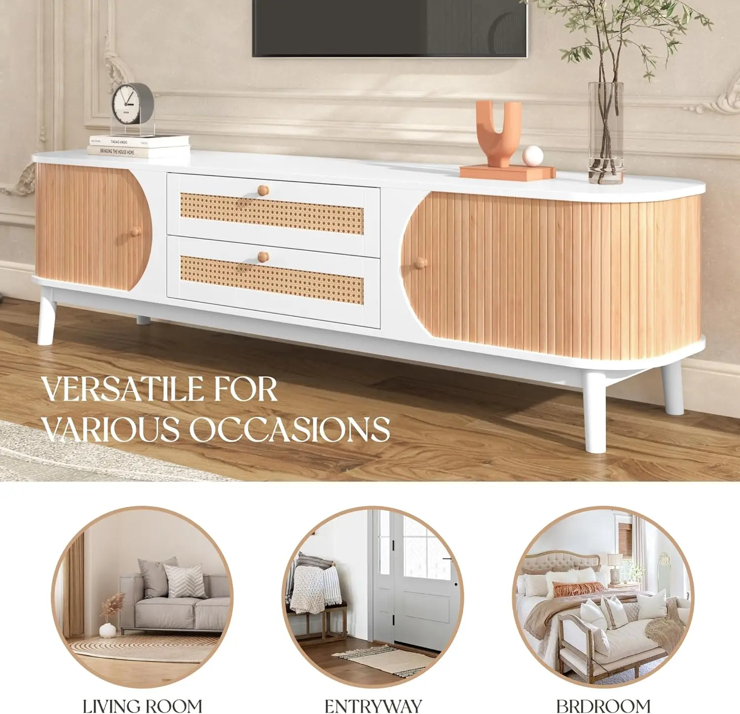 Lostcat Tv Stand For Tvs Up To 65 Inch, Entertainment Center With 2 Rattan Drawers And Sliding Doors, Tv Console Table With