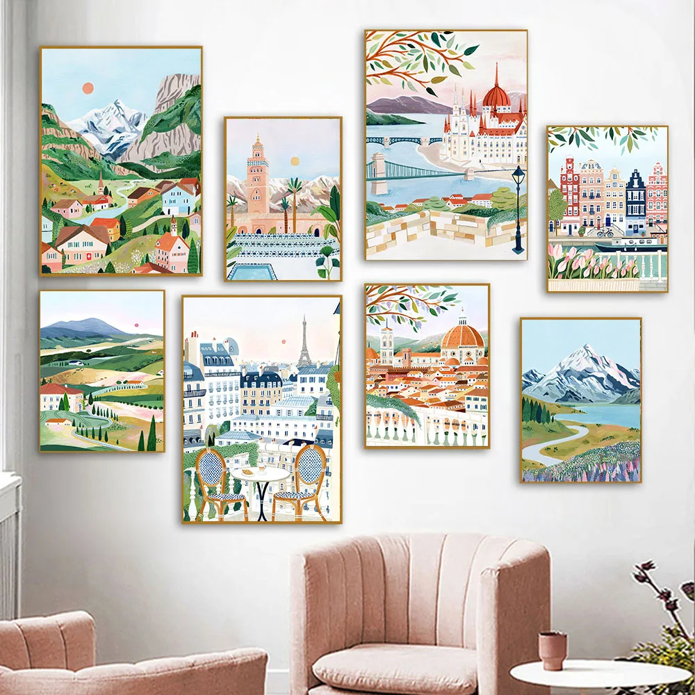 Travel City Landscape Poster Hungary Italy Amsterdam New Zealand Switzerland Wall Art Canvas Painting Nordic Pictures Home Decor