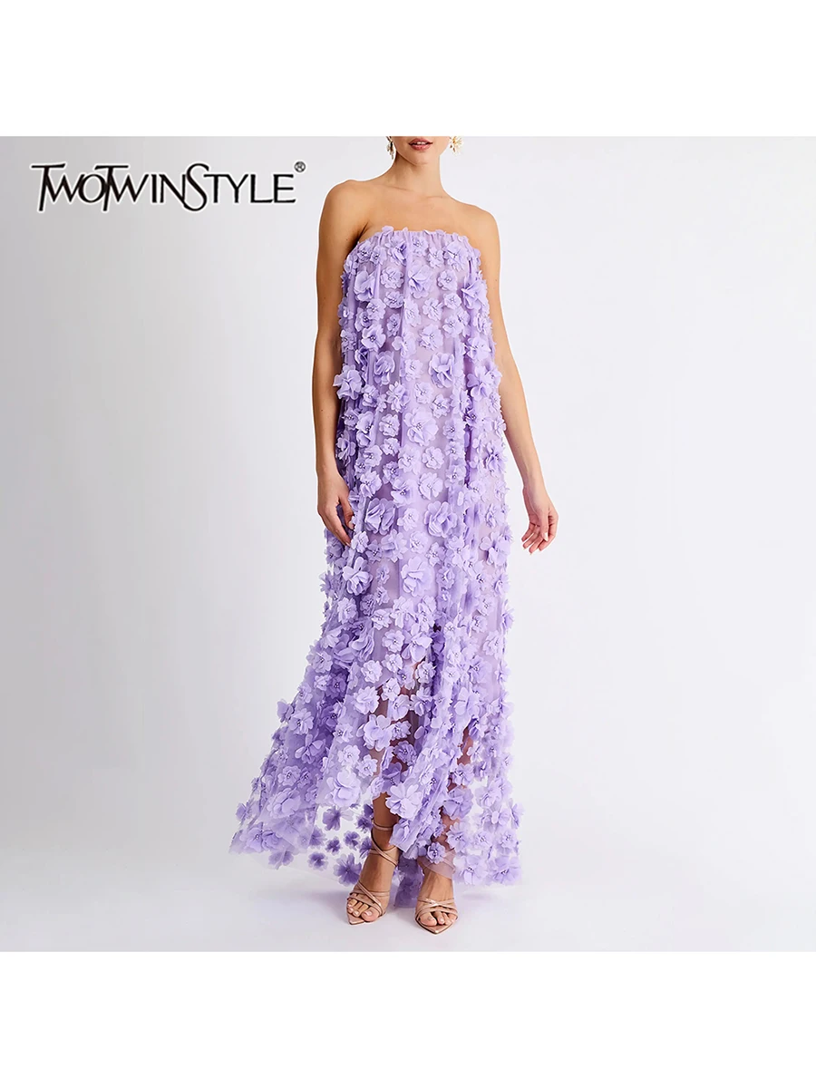 TWOTWINSTYLE 3D Flower Spliced Pearl Loose Maxi Dress for Women Strapless Sleeveless Patchwork Zipper Casual Dresses Female New