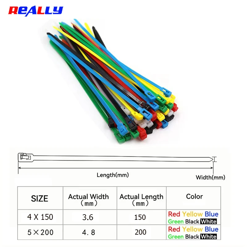 Adjustable Releasable Nylon Zip Ties, Mixed Red/Yellow/Green/Blue/Black/White, 4*150mm 5*200mm, 120Pcs/Pack for Wire Organizing