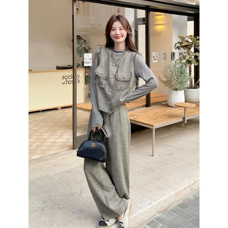 

French-style Tassel Trim Vest Suit for Women, Spring and Autumn 2025 New Model, Stylish Temperament Wide-leg Pants Two-piece Set