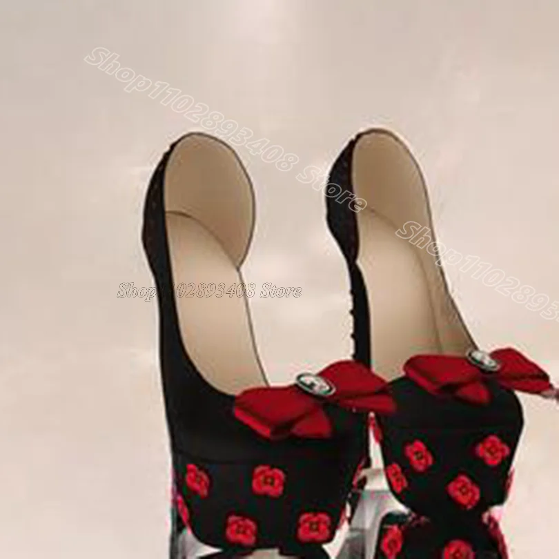 

Black Flower Bowknot Decor Stiletto Pumps Platform Round Toe Rivet Decor New Fashion Dress Party Shoes 2024 Zapatos Para Mujere