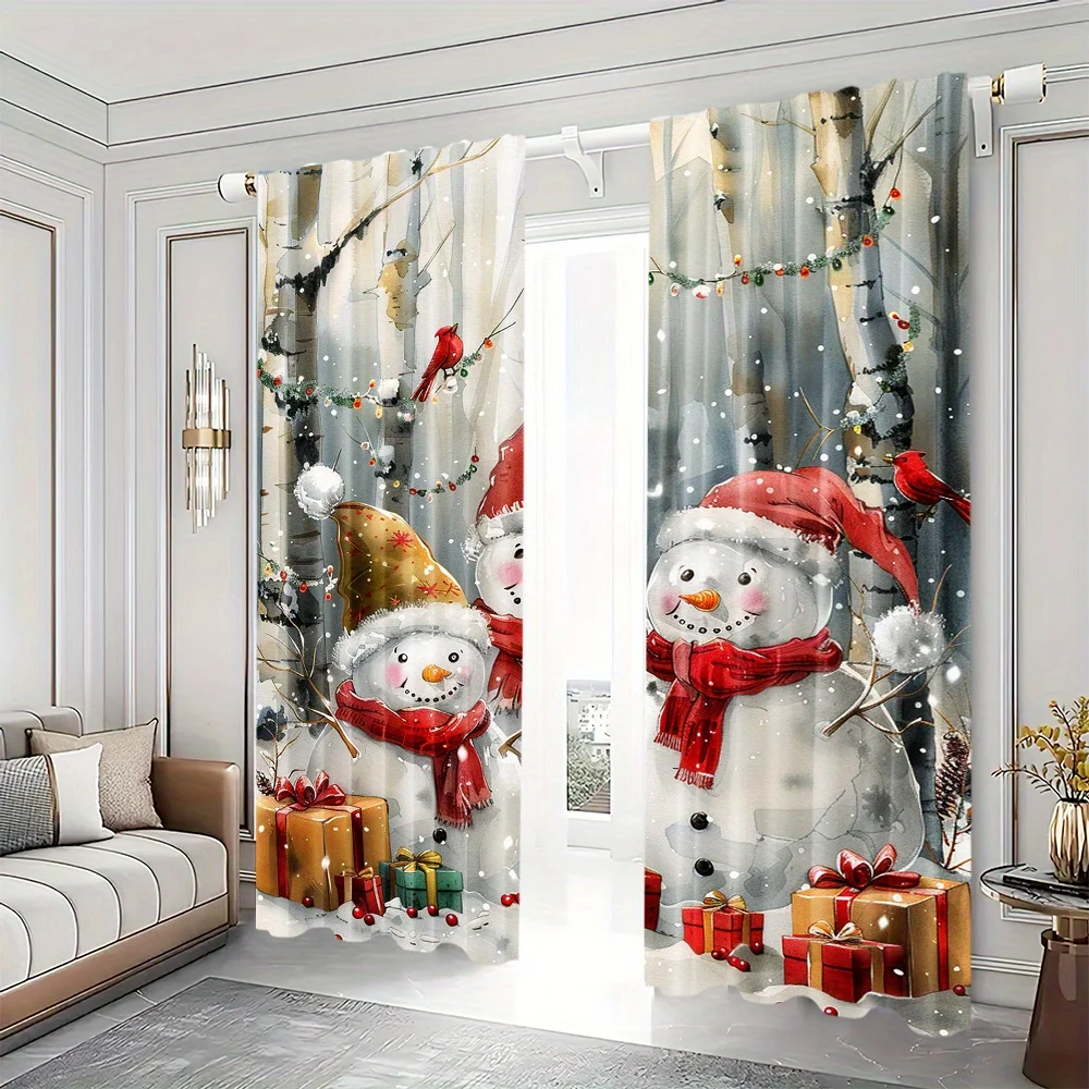 2 Pcs Cute Cartoon Snowman Christmas Curtains Red White Winter Scene Gifts Living Room Bedroom Kitchen Balcony Decor Curtains