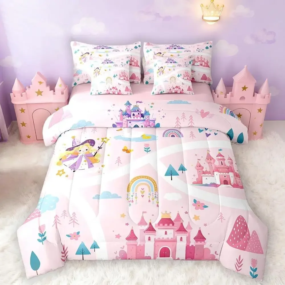 

Комплект постельного белья King Size «Волшебный замок» для девочек с радужными простынями, 7 предметов, для детских сказочных спален