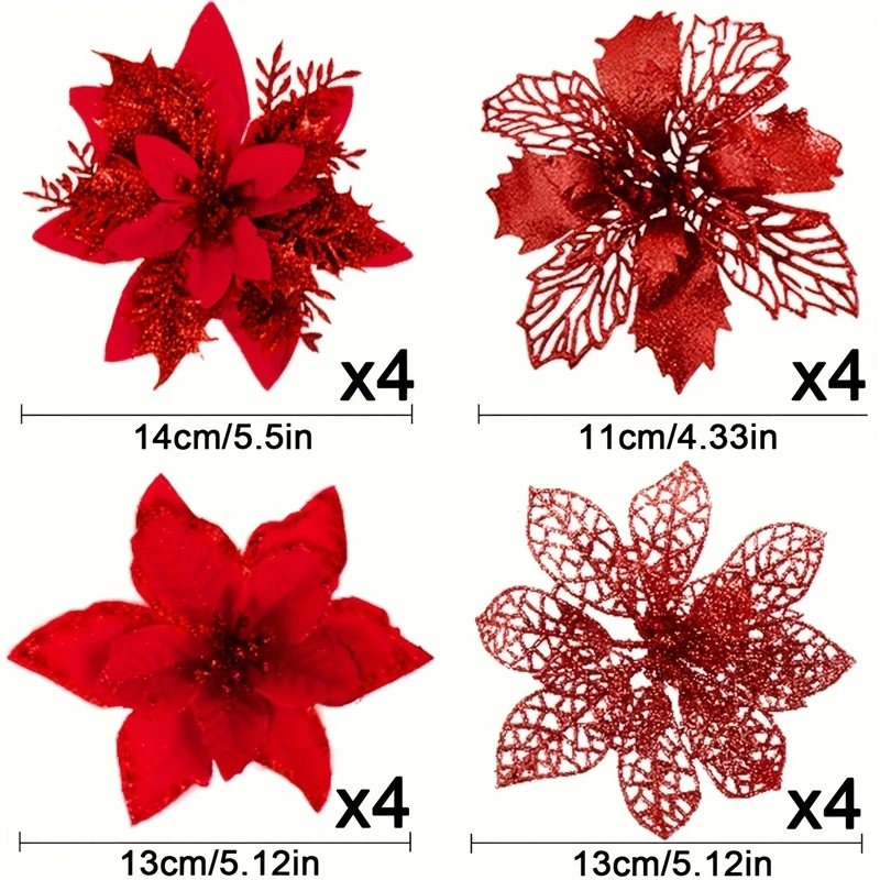 4/8/16 Stück Glitzer Künstliche Weihnachtsblumen Weihnachtsbaum-Dekoration für Zuhause Raum Party Weihnachtsschmuck 2026 Neujahrsgeschenk – Detail 12