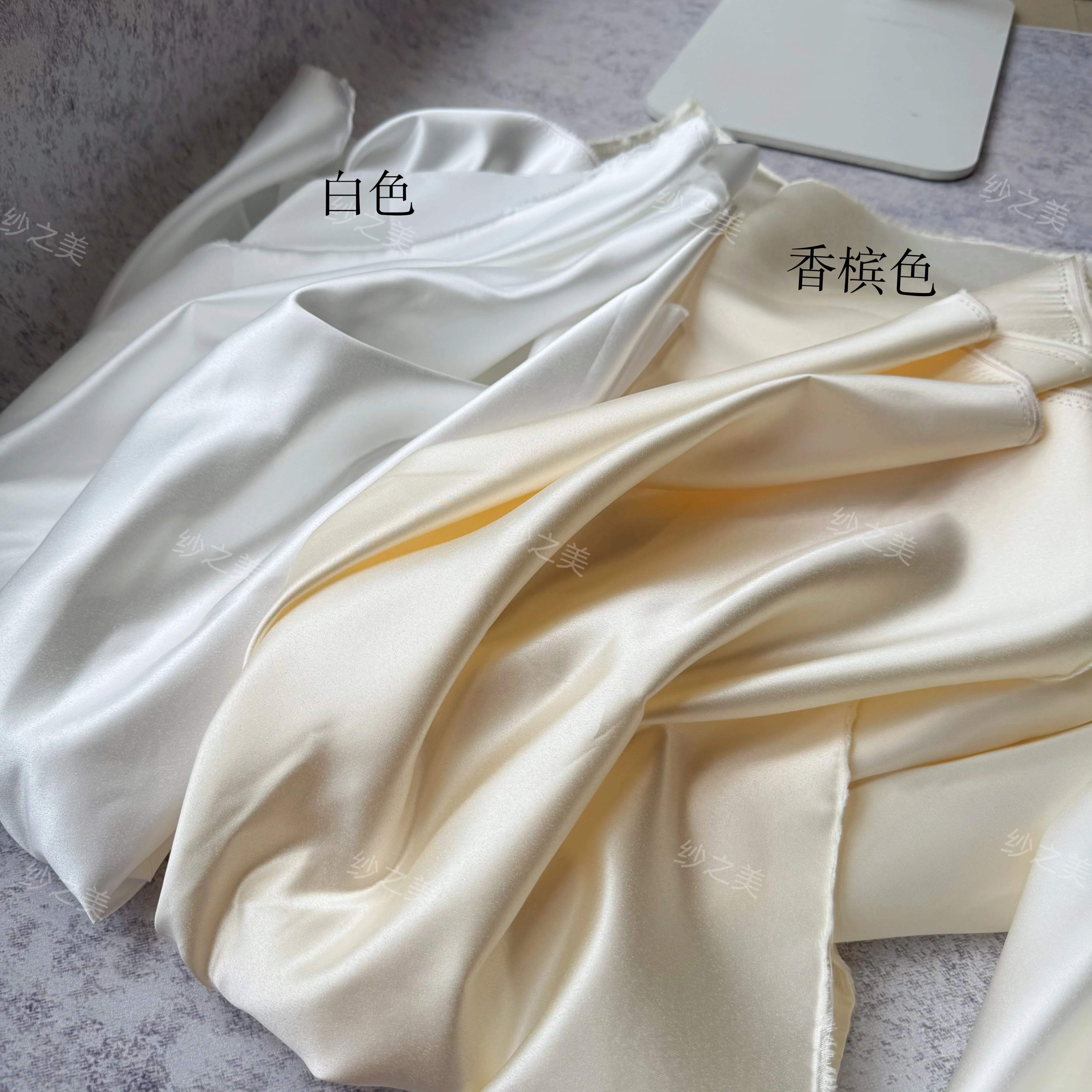 Milky White Champagne 395 Thick Satin Draping Fabric for Wedding Dress Solid Color Upright Style Fabric