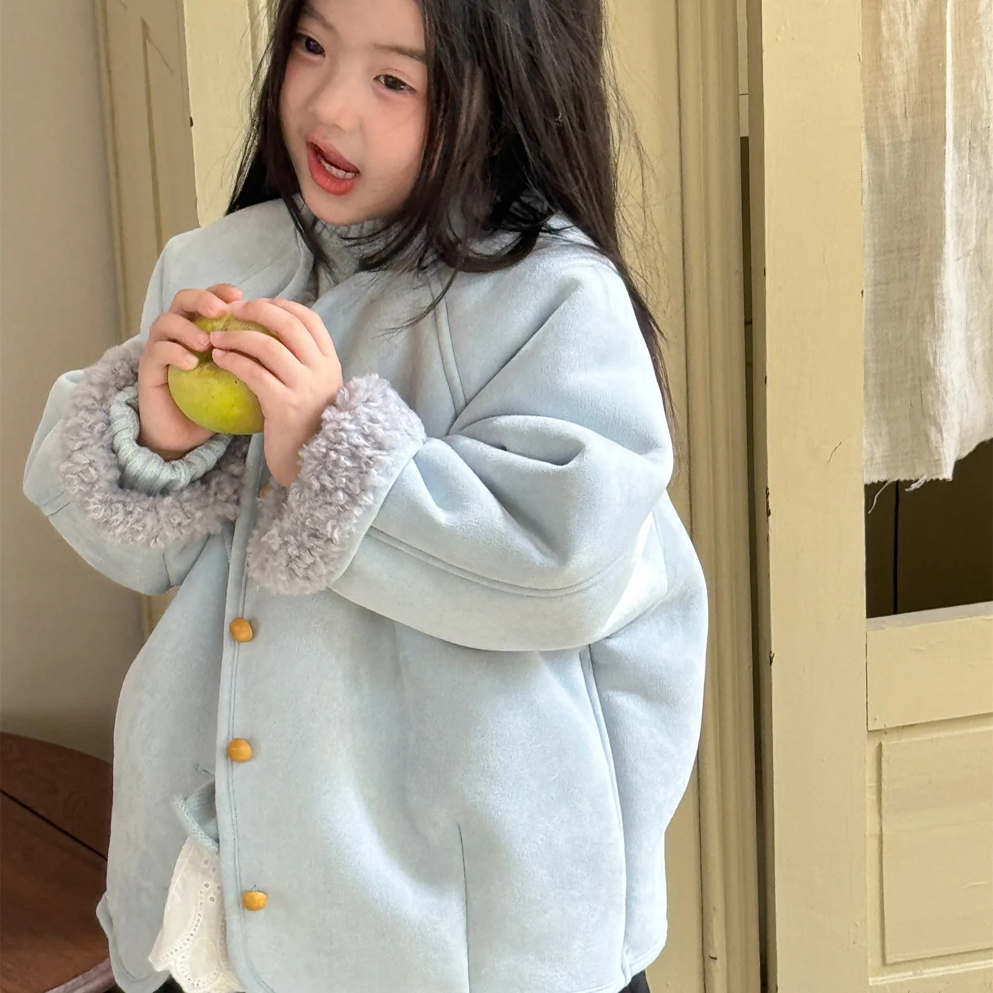 Fashionable Comfortable Top Boutique Clothing Simple Style 2025 New Girls Fashion Light Blue Quilted Thickened Woolen Jacket
