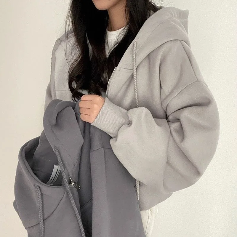 Neue Damen Frühling Herbst Zip-Up Hoodie Jacke Mädchen Damen Locker Lässiges Oberteil Einfarbiges Streetwear-Shirt Teenager Pendlerjacke – Detail 15