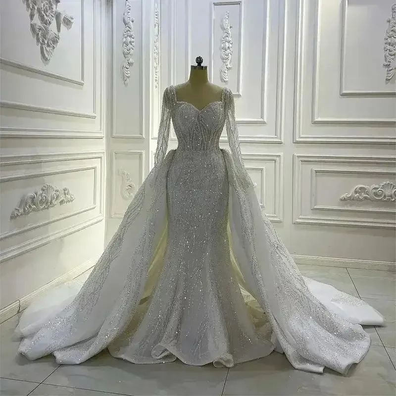 

Customized Luxury Pearls Wedding Dress With Detachable Train Dubai Arabia Long Sleeve Beaded Lace Bridal Gown