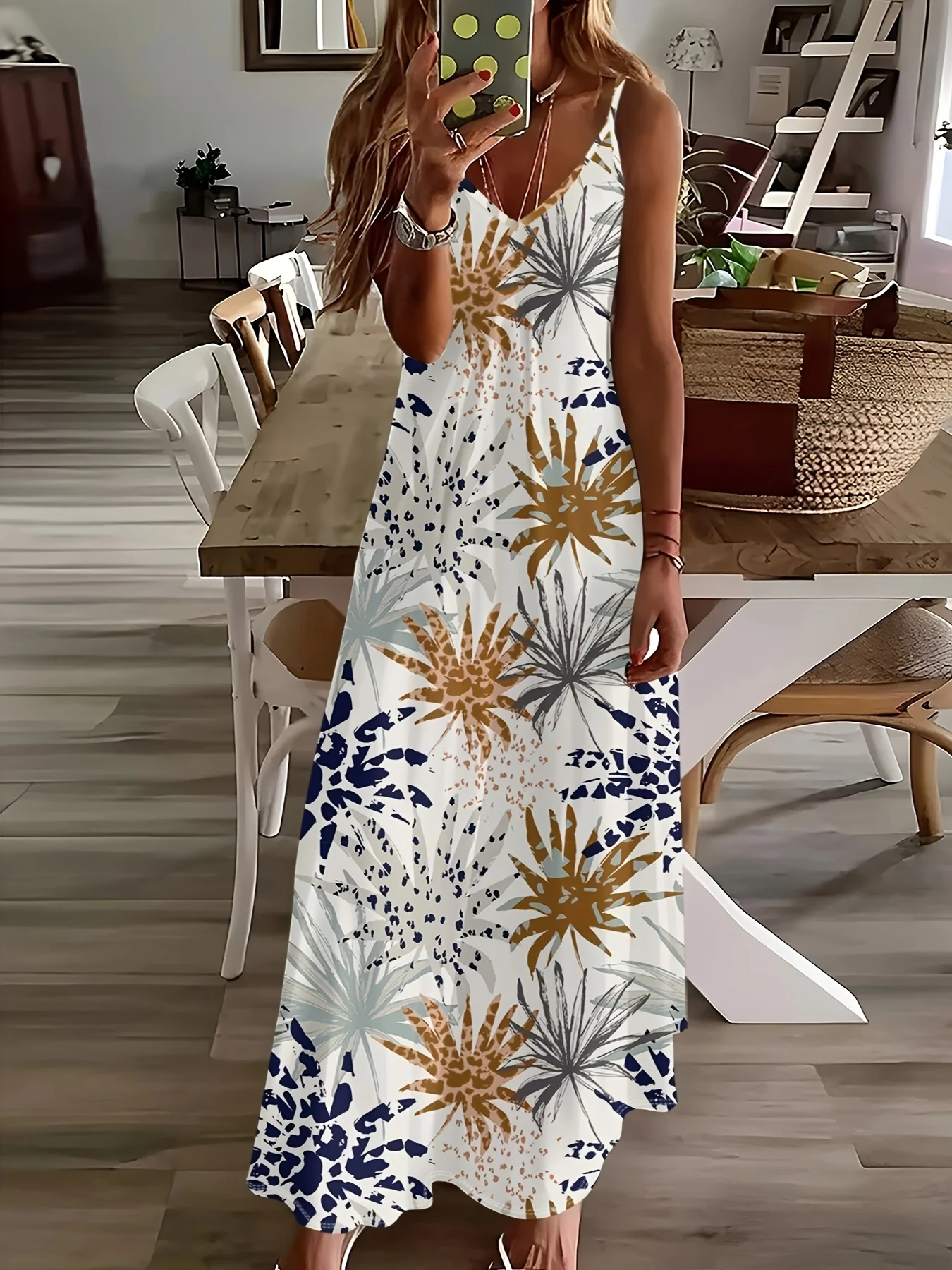 Printed Design Casual Tropical Botanical Leopard Paneled Slip Dress