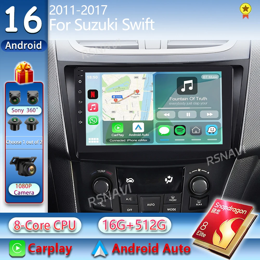 Android 16 Multimedia Player For Suzuki Swift 4 2011-2017 Car Radio 2k Screen Navigation GPS Carplay Stereo Head Unit 48EQ 2din