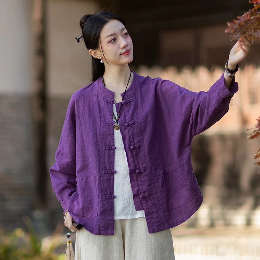 

Women Vintage Cardigan Shirts Tops Cotton Linen 2026 Spring New Chinese Style Solid Color Button Stand Long Sleeve Shirts