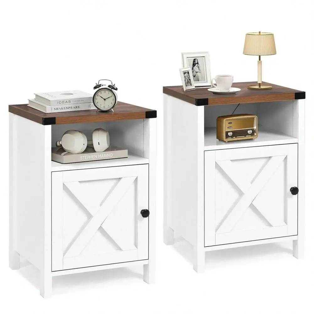 Nightstand Set Of 2, Farmhouse Night Stand With Cabinet, Wood Bedside Table With Open Shelf,, Small Side Table And End Table, N