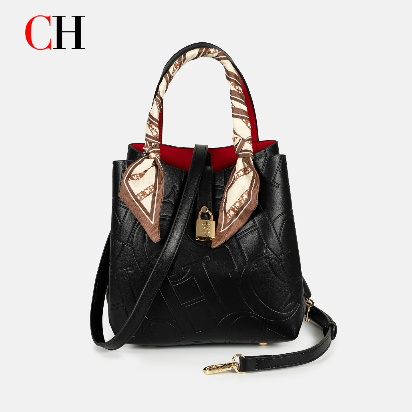 CH Womens Embossed Leather Bucket Bag with Silk Scarf Lock Decor Luxury Designer Handbag Large Capacity Crossbody Tote