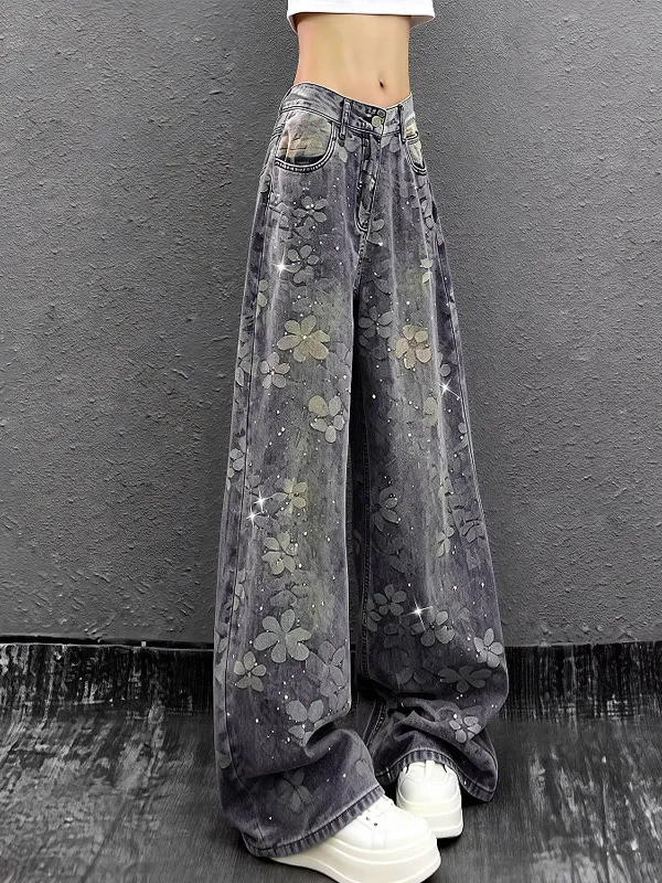 

Retro Casual Rhinestone Flower Gradient Denim Faded Wide Leg Pants High Waist Floor-Length Spring 2026 Women's Jeans