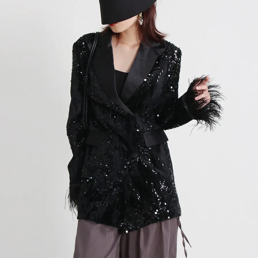 2023 Spring Hot Selling Tassel Long Sleeved Sequin Outer Dress Suit Collar Jacket Top for Women