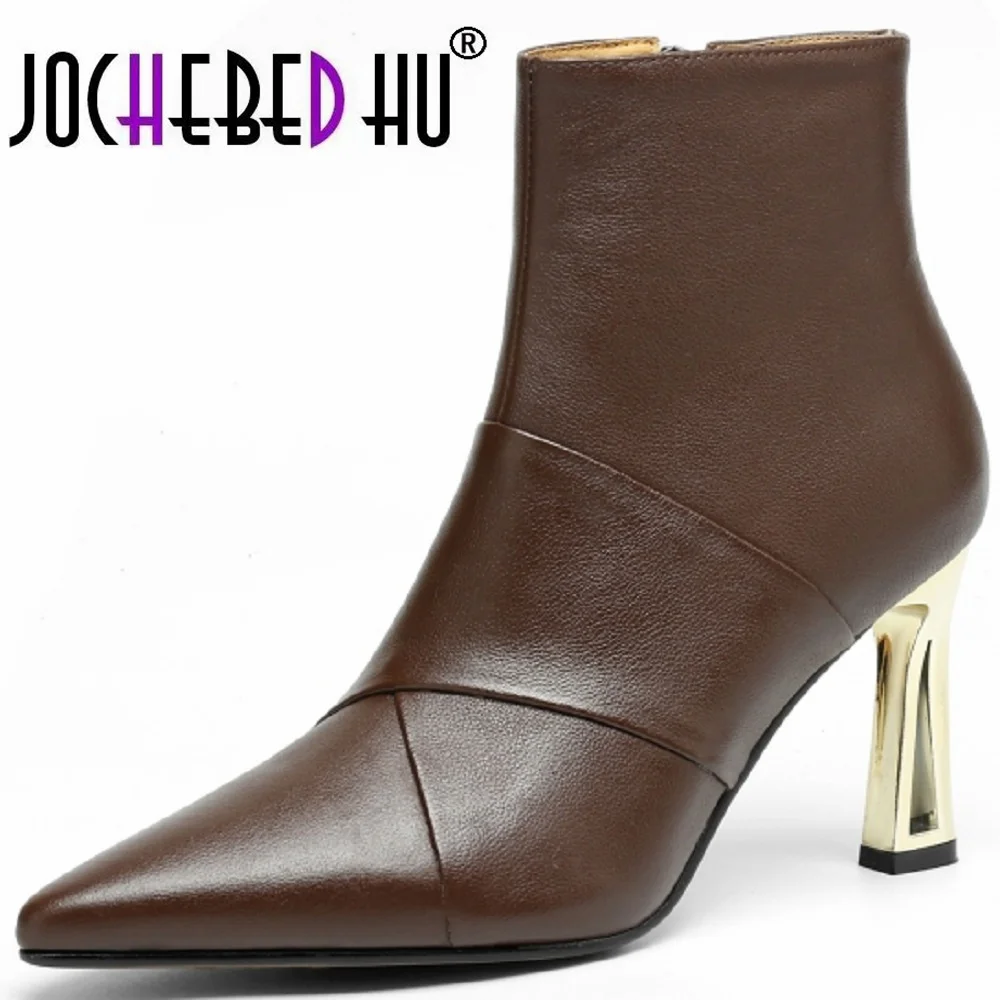 JOCHEBED HUWomen Handmade Genuine Leather Shoes Pointed Toe Elegent High Heel Ankle Boots Daily Shoes 34-40