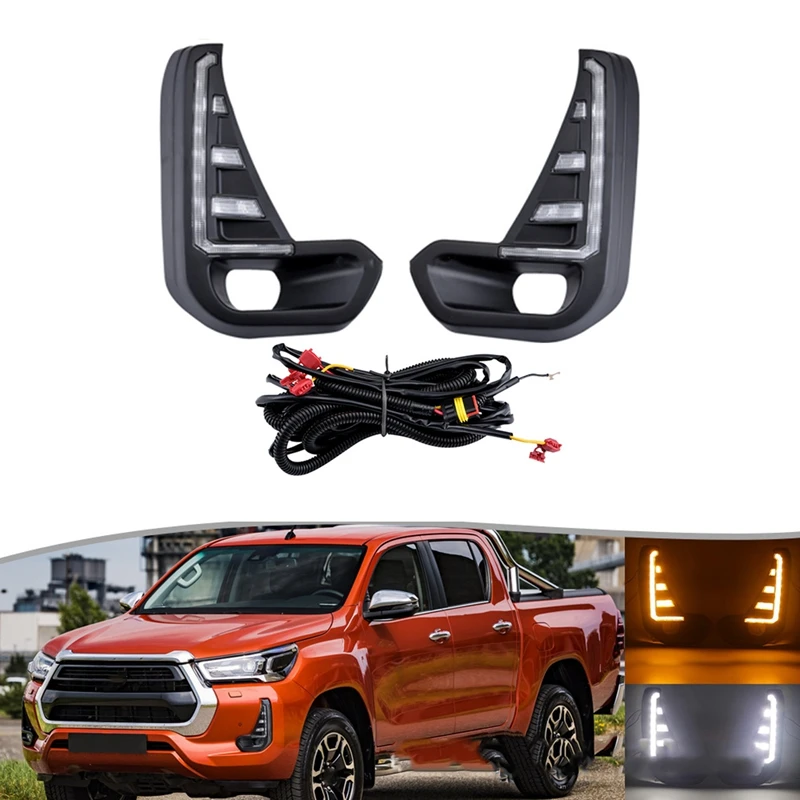 

2Pcs Dynamic LED DRL Headlight For Toyota Hilux Revo 2020-2022 LED Daytime Running Light With Turn Signal Lamp