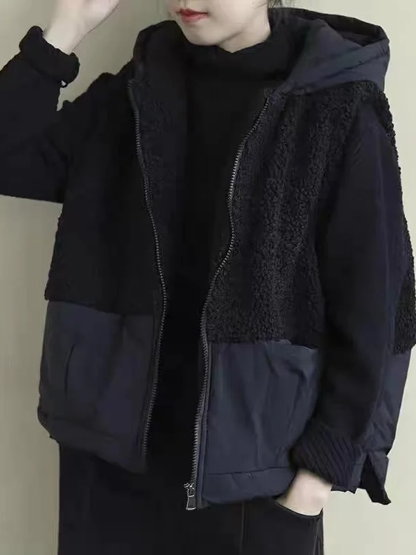 

Autumn Winter Casual Loose Versatile Color Artistic ex Cotton Jaet Coat Thiened Long Sve Hooded Straight Cut