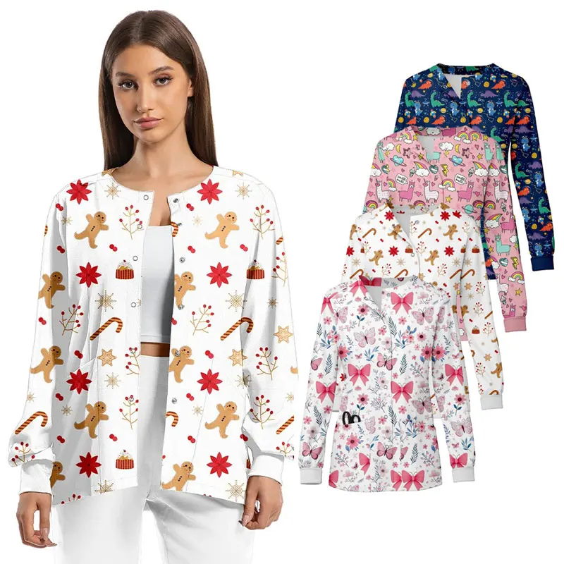 

Casual Medical Scrub Jackets Uniforms Soft and Comfy Polyester Spandex Long Sleeve Single Breasted Print Dentist Jacket