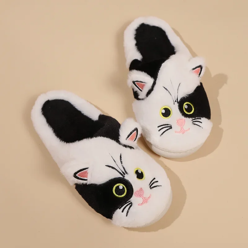 Women Winter Cartoon Cat Warm Plush Slippers Couple New Indoor Non-slip House Men Warm Thick Sole Home Cotton Fluffy Slippers