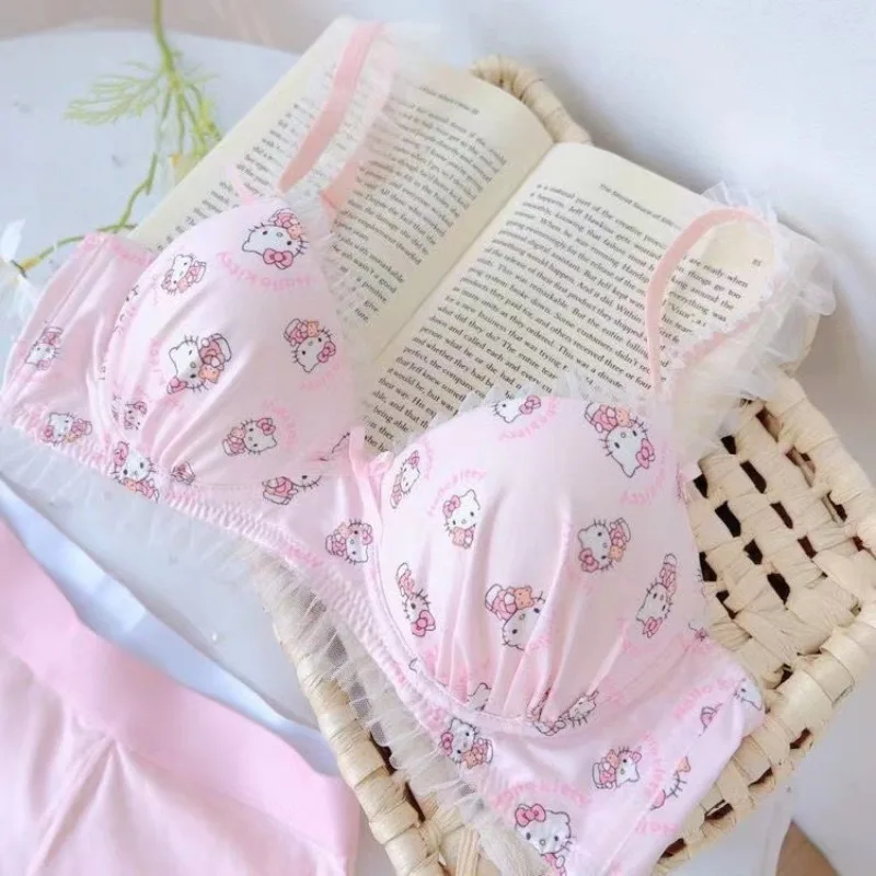 Sanrio Hello Kitty Bra Set Women Sexy Lace Kawaii Lingerie Set Porosity Vneck Sport Brassiere Female Cotton Underwear Set Gift