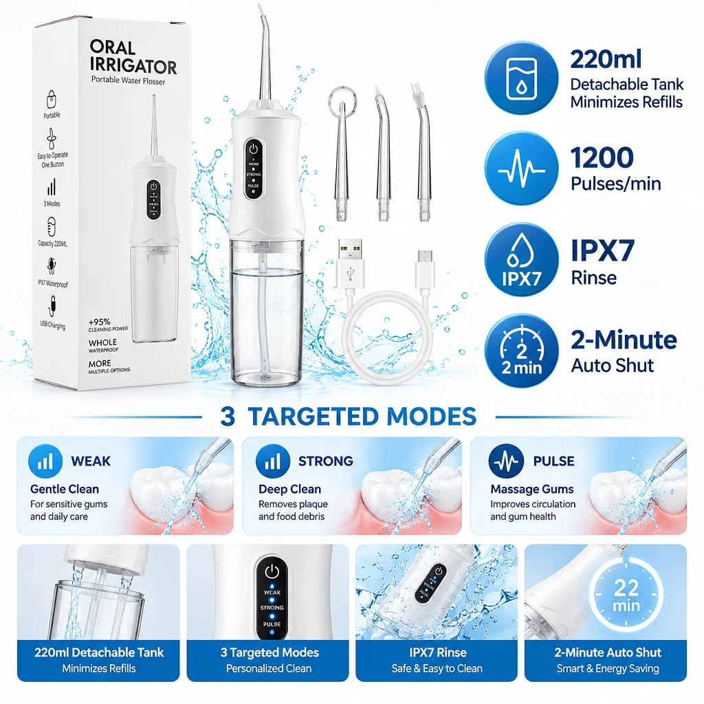 Cordless Water Flosser Portable Oral Irrigator 3 Modes 4 Jet Tips 220ML Tank Rechargeable IPX7 for Braces Travel