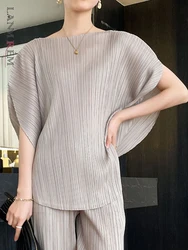 LANMREM Irregular Heart Pleated T-shirt For Women O-neck Short Batwing Sleeves Solid Tops Casual Female Clothing Summer 2YA411