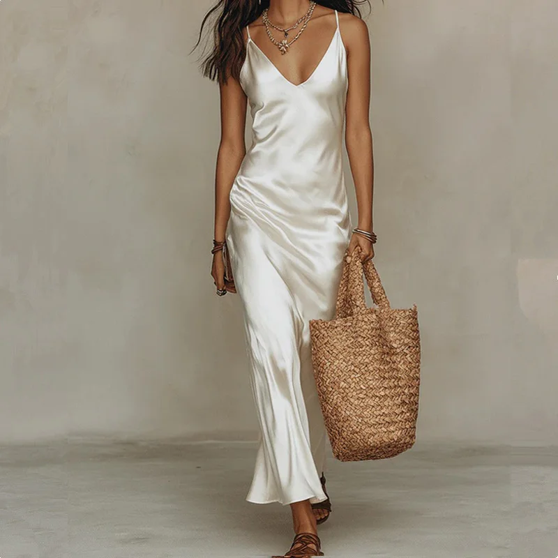 New Fashion Sleeveless Halter Satin Dress With Knitted Tops Elegant Lady Simple Commute Two Piece Sets Outfits