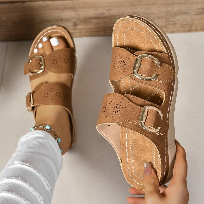 Fashion Summer Women Slipper Closed Toe Summer Shoes Comfort Double Buckle Wedge Ladies Sandals Platform Casual Slippers