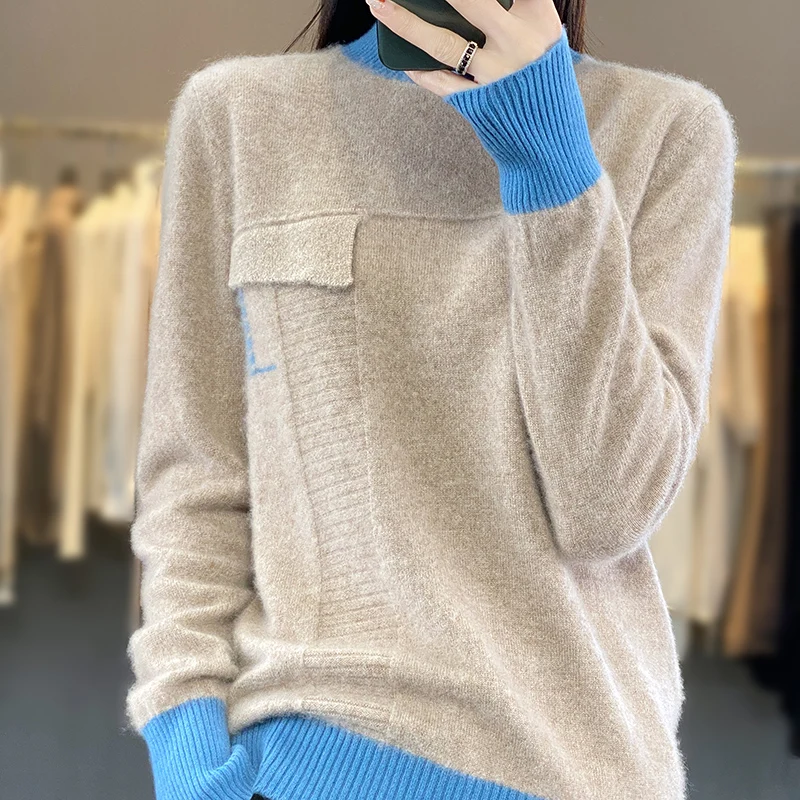 Autumn/Winter 2023 New 100% Merino Wool Women\'s Clothes Half High Collar Contrast Sweater Knit Pullover Long Sleeve False Pocket