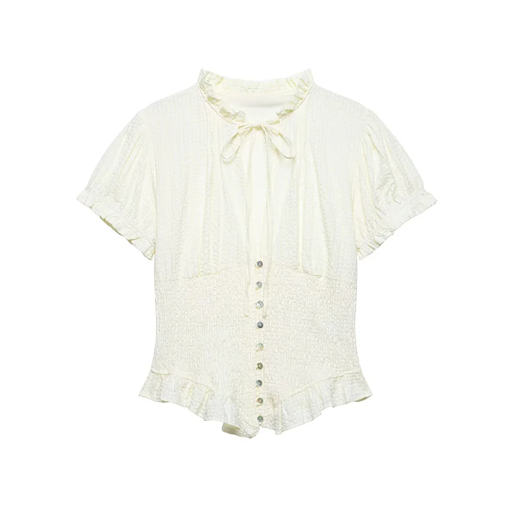 

WOMAN 2026 Summer New Fashion Bow-Detail Constructed Top Retro Short Sleeve All-match Casual Female Shirts Blusas Chic Tops