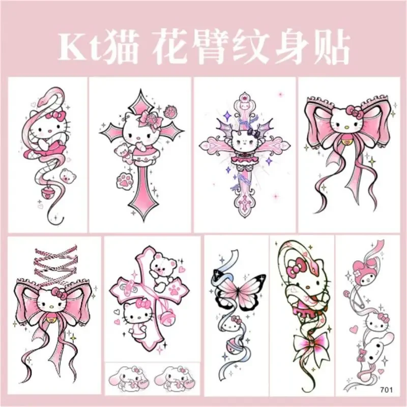 Sanrio Hello Kitty Flower Arm Tattoo Sticker, Kawaii Anime Character, Impermeável, Descartável, Fofo, Desenhos animados, Menina