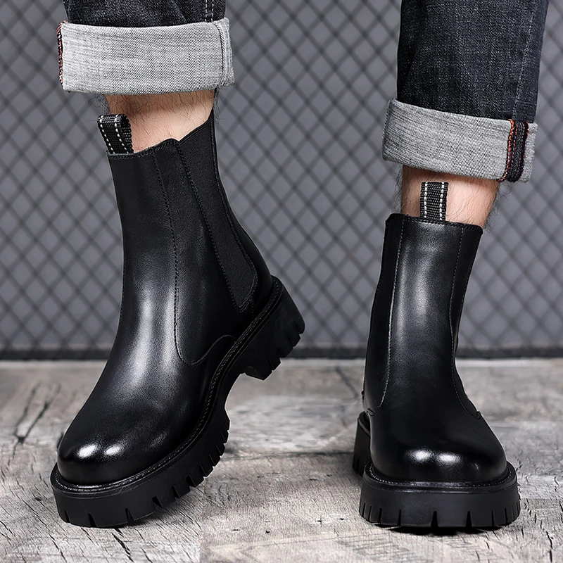 Brand Classic Black High Top Boots Men High Heel Genuine Leather Ankle Chelsea Boots Men British Style Thick Sole Mid Top Boots