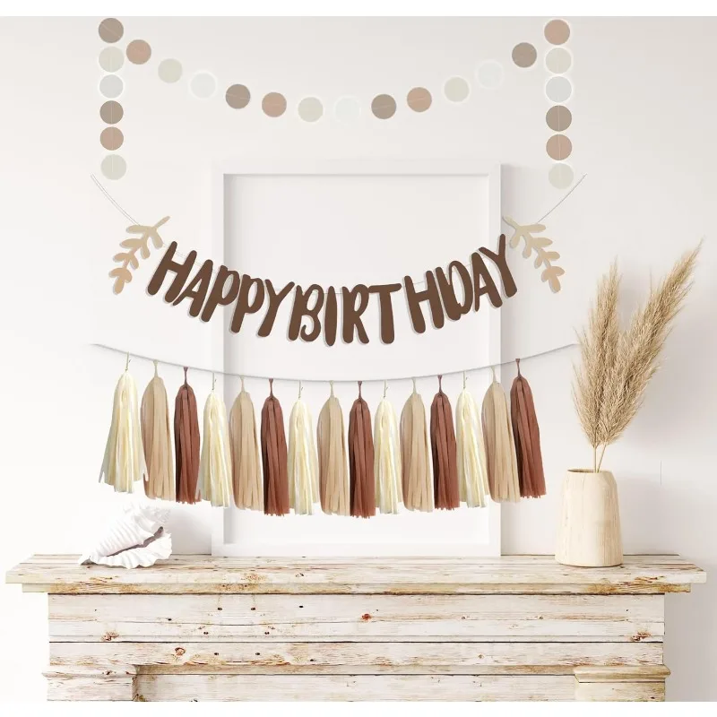Braune, neutrale Happy Birthday-Banner mit grünen Blattdekorationen, beige Boho-Papierquasten, Kreisgirlande zum Aufhängen von Luftschlangen – Detail 7