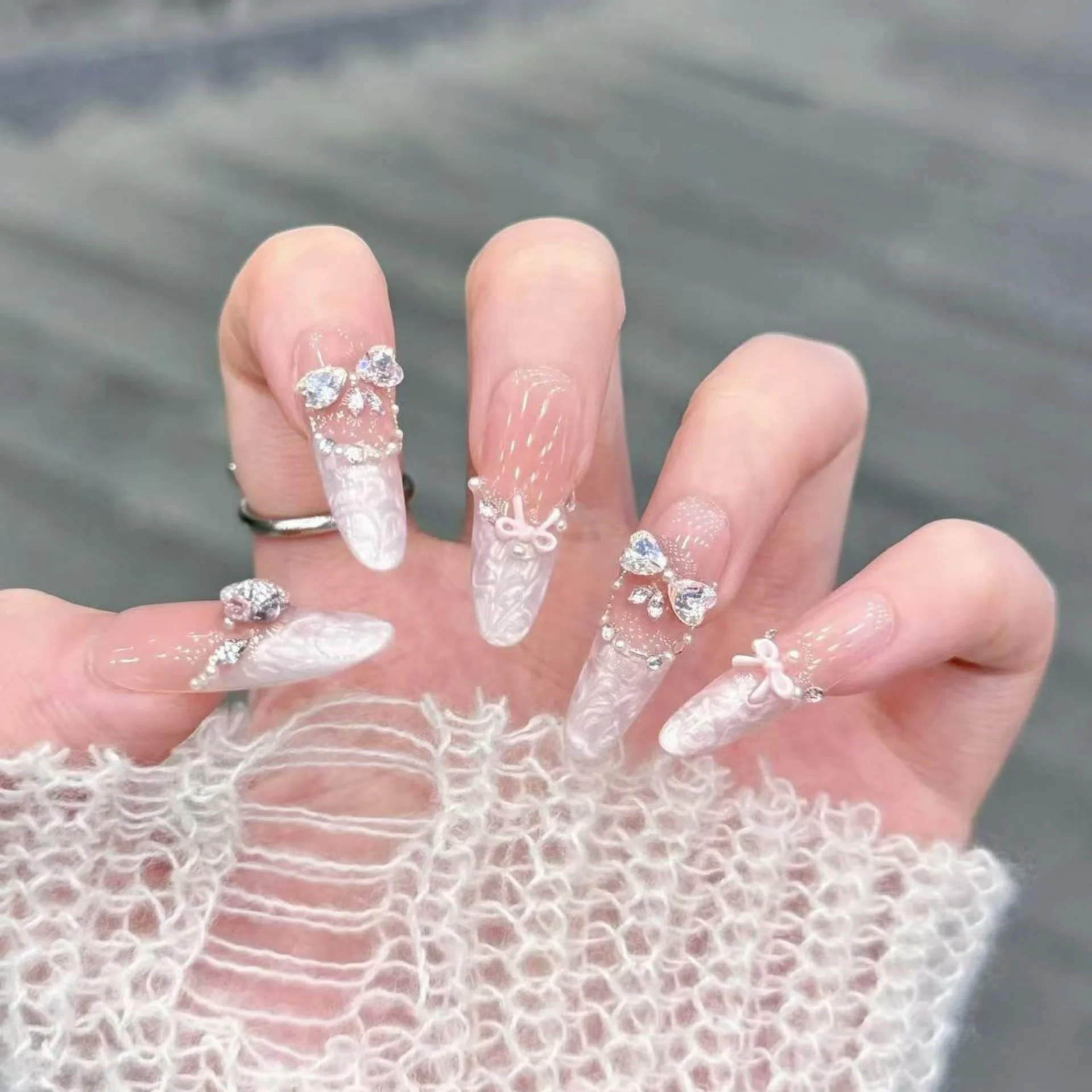 

10pcs Glitter French Handmade Press on Nails Tip Finished Diamond Bow Fake Nail Art Wearable Nails Nude Long Oval False Nail Set