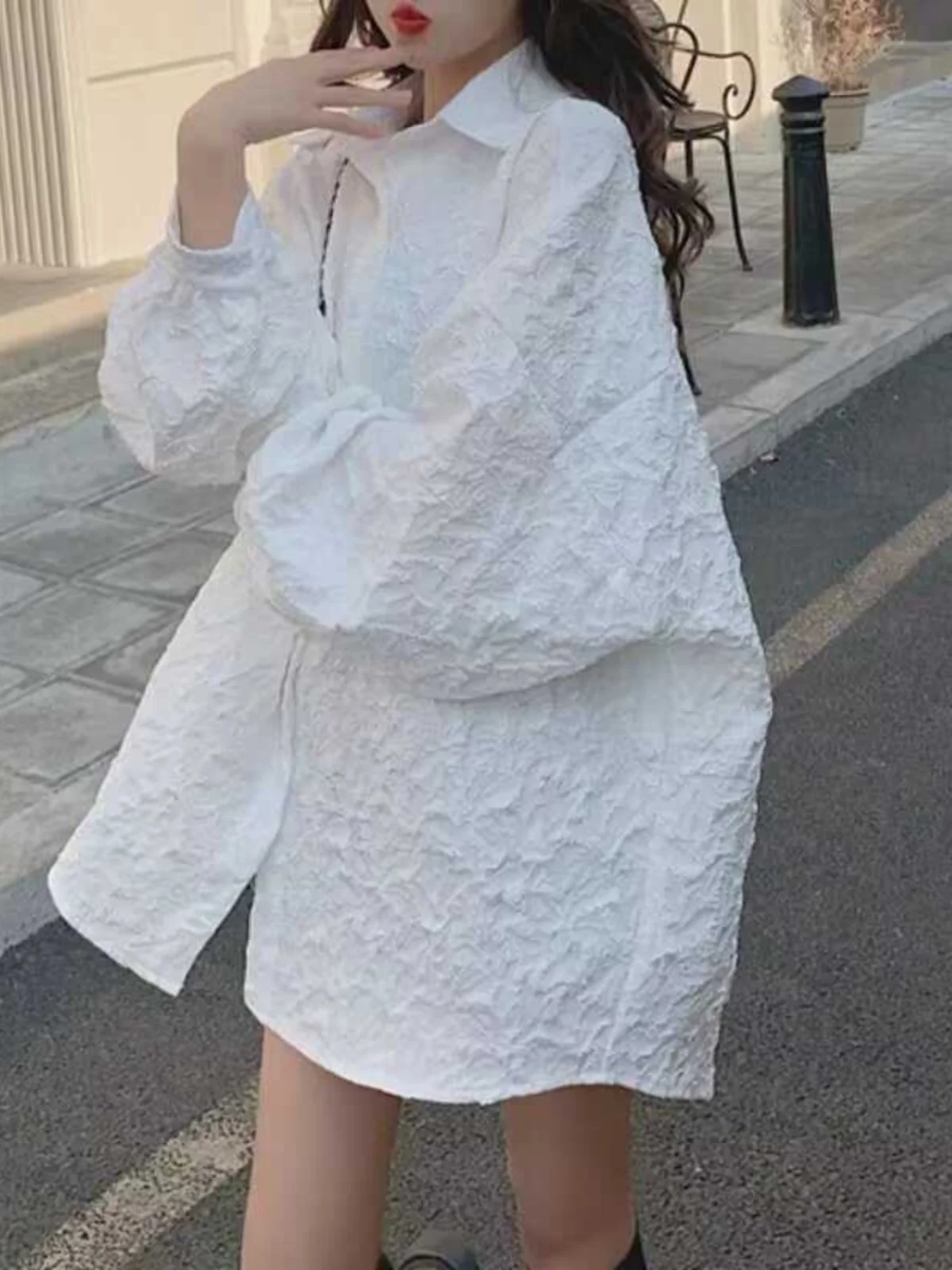 

White Textured Loose Women's irt Spring Autumn Summer Long Sve Collar Mid-Length Korean Sle plus Size Lazy Sle