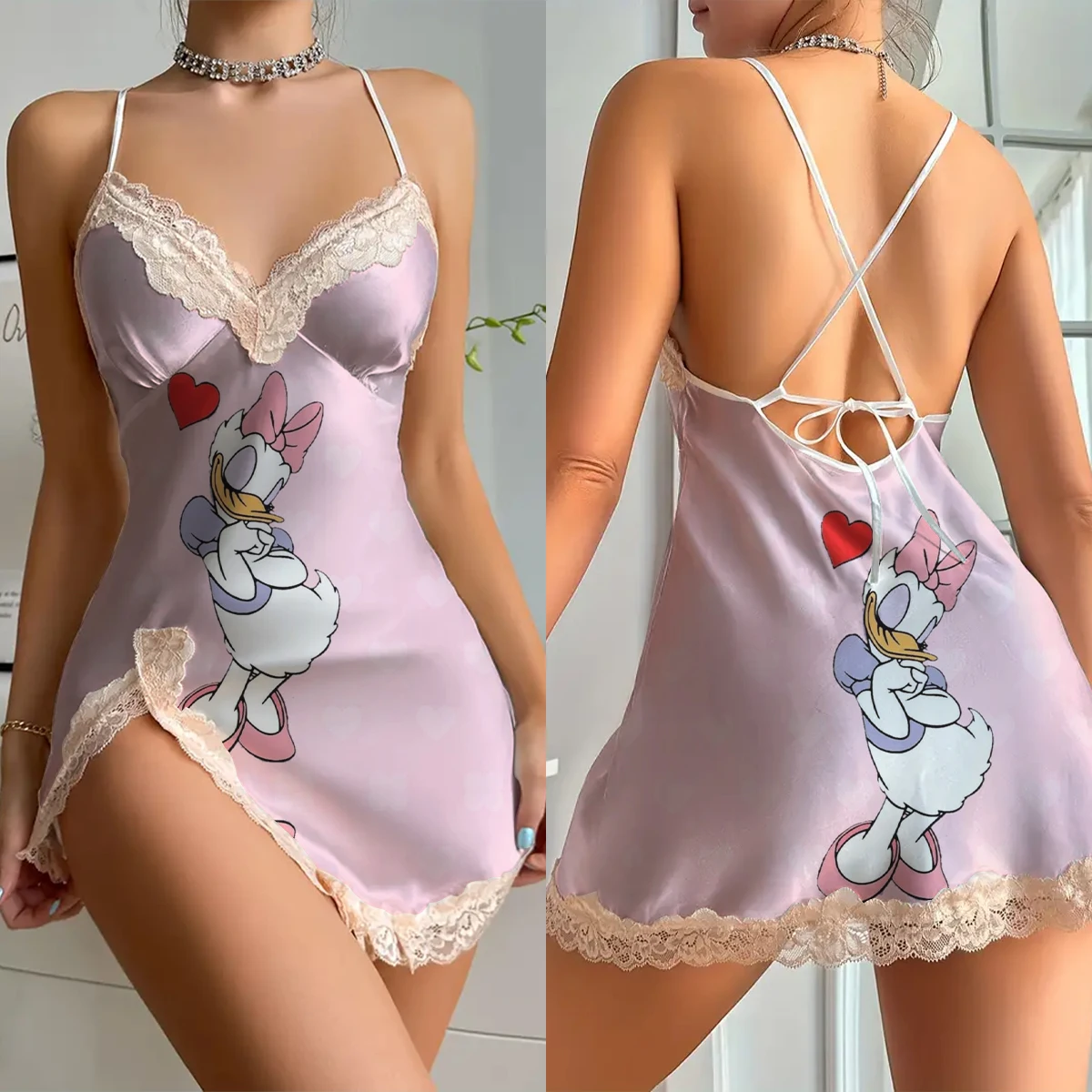 

Lace hem dress nightgown dress fashion summer dress 2024 Disney Donald Duck Daisy Satin Women's Party Mini Sexy