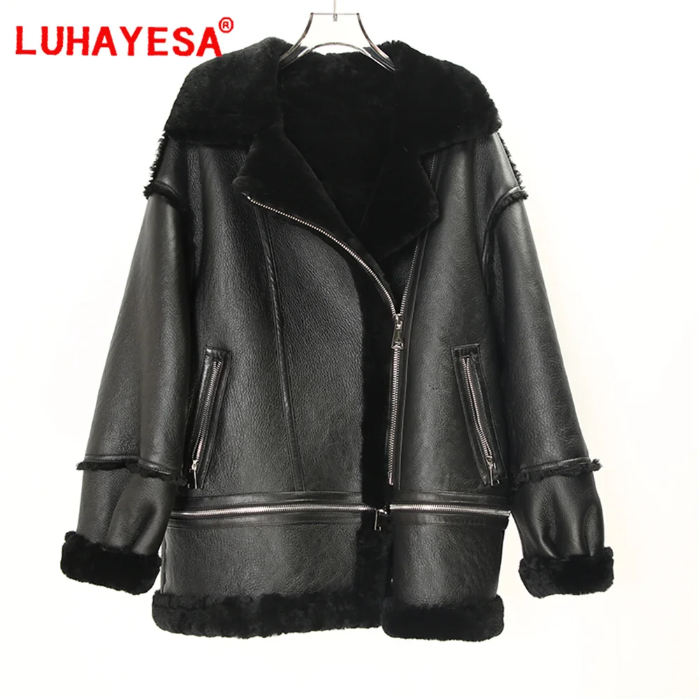 Luhayesa-ropa de piel de cordero australiana para mujer, chaqueta de piel auténtica gruesa de largo medio para invierno, 2024