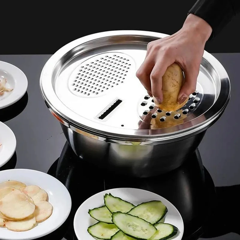 ABVJ-Multifungsi Stainless Steel Basin Alat Pengiris Sayuran Parutan Pengeringan Keranjang Salad Beras Mesin Cuci Drain Colander