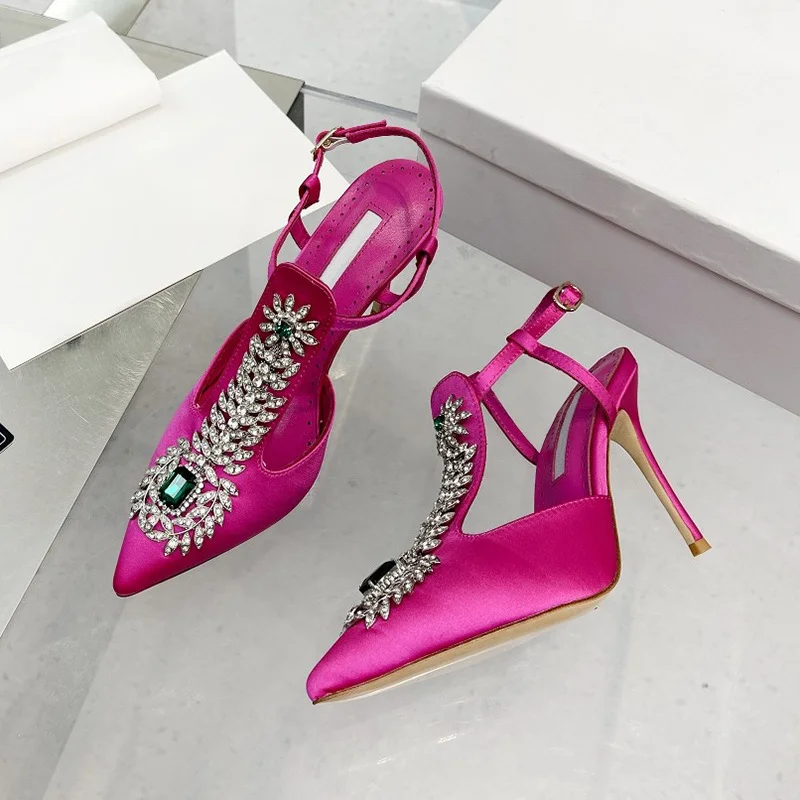 Crystal Design Summer Sandals Luxury Diamond Buckle High Heels Sexy Pointy Lady Shoes Good Quality Stiletto Heels Shoes